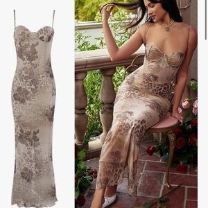 Strapless Floral & Animal Print Mesh Maxi Dress - Beige